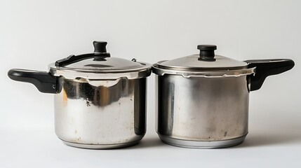 Two Used Pressure Cookers with White Background.