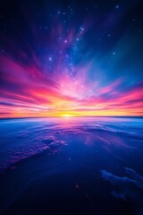 Obraz premium A colorful sunset over the ocean with stars in the sky