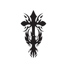 Obraz premium Symmetrical Tribal Tattoo Design – Black and White Abstract Cross with Flame-Like Curves and Gothic Aesthetic