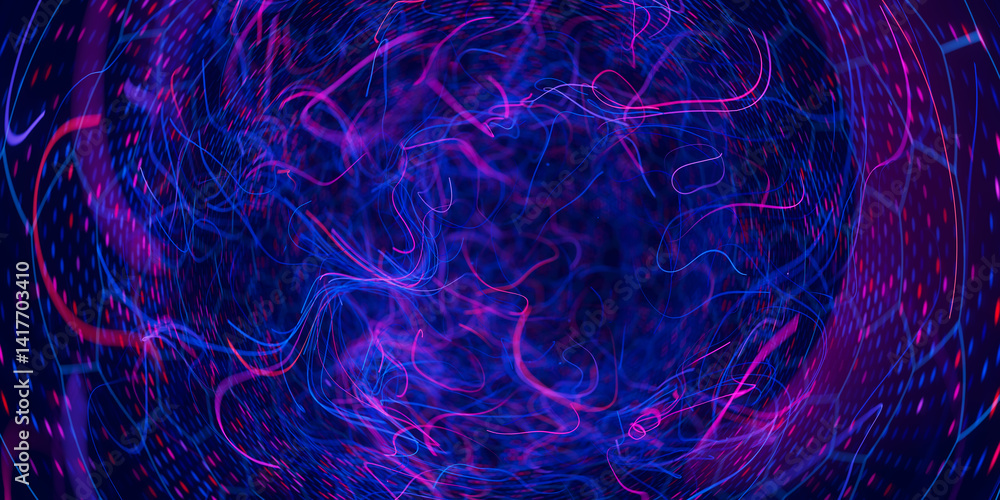 Poster Abstract macro of quantum computing qubit spherical cell. Subatomic patterns of cyber AI intelligence. Futuristic technology concept.