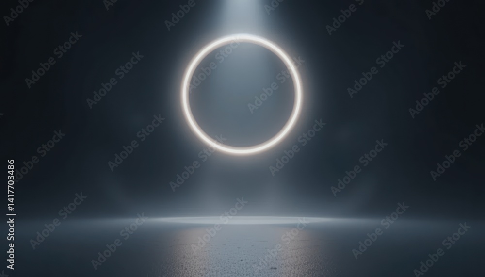 Poster illuminating circular light beam in dark studio setting abstract visual art contemporary environment