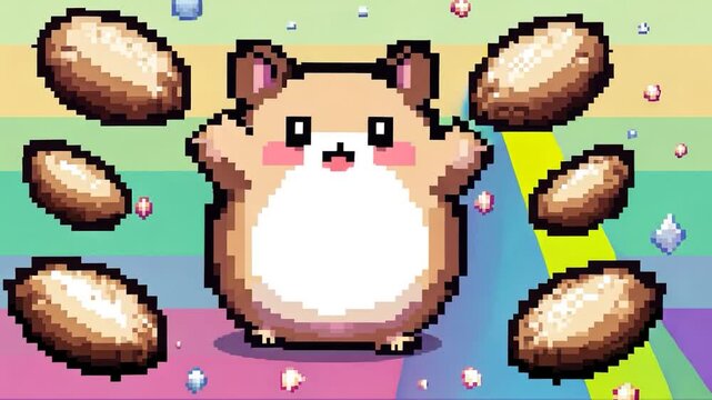 Cute hamster throws pixel potatoes in a rainbow background