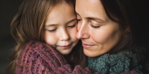 A tender moment portrayed between a mother and daughter, highlighting the emotional bond and deep affection shared in their loving embrace, encapsulating warmth and love.