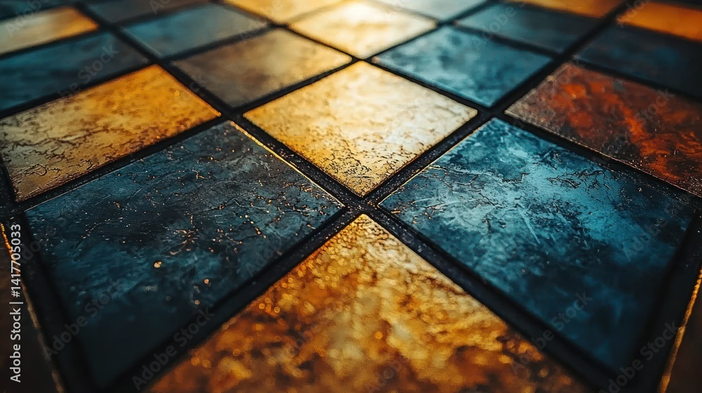 Poster close-up view of textured tiles in warm lighting, showcasing intricate patterns