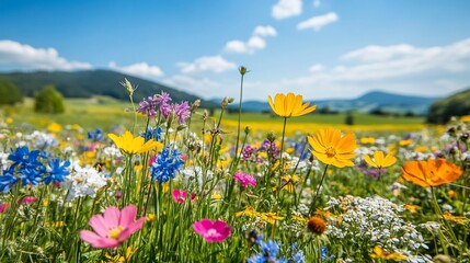 Vibrant wildflowers bloom in a sunny mountain meadow