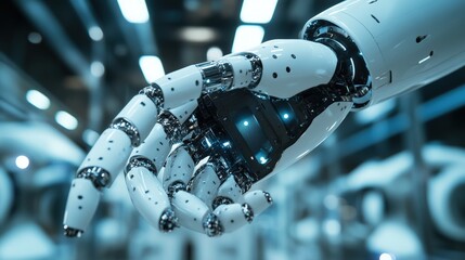 Fototapeta premium Close-up of a robotic arm manipulating a single qubit inside a futuristic quantum computing lab, where engineers explore quantum coherence and advanced automation in artificial intelligence research.