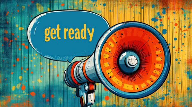 A colorful megaphone exhibits a message urging everyone to prepare for an upcoming event