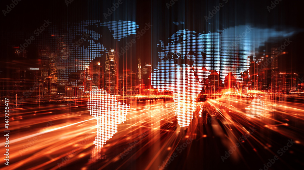 Poster a digital map of the world with glowing lines connecting various points, a world map background glob