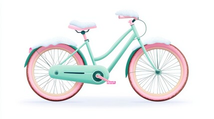Fototapeta premium Colorful Vintage Bicycle Covered In Snow With Pastel Pink And Mint Green Details