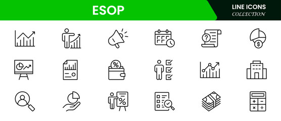 A set of line icons related to ESOP. Employee, plan, ownership, stock, profit, and so on. Outline icon collection Vector illustration web line icon collection