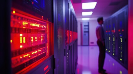 A server room with a digital firewall and AI-powered security analytics in the background.