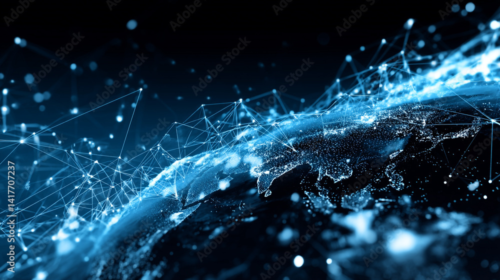 Poster blue technology background with network connection, abstract background design with wavy line patter