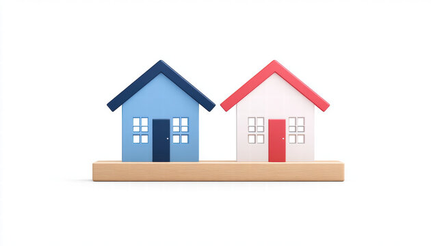 Colorful model houses representing mortgage and rent options, showcasing financial choices