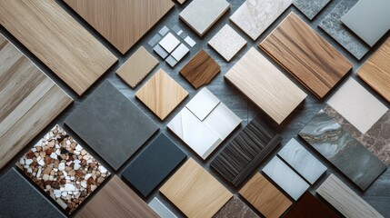 Flat lay of various wood, stone, and tile samples for interior design.