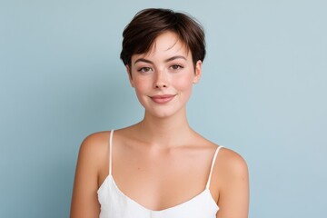 Obraz premium Woman smiling, relaxed pose, looking to camera, studio shot against light blue