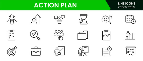 Action plan icon set. Containing planning, schedule, strategy, analysis, tasks, goal, collaboration, and objective icons. Vector illustration collection.