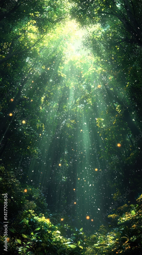 Poster sunlight piercing through the canopy creating an enchanted forest atmosphere