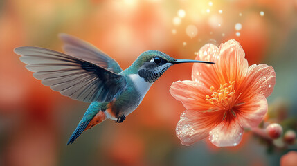 Fototapeta premium Vibrant hummingbird approaching a delicate flower in a colorful garden setting during afternoon light hummingbird, flower, nature, garden, wildlife, iridescent, color, beauty,