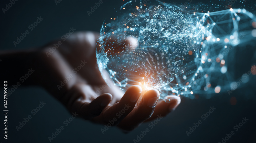 Poster interactive software depicting a digital twin of earth, hand touch virtual for brain digital technol