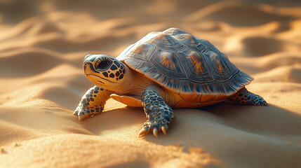 Obraz premium Close encounter with a turtle on sandy beach at sunset highlighting nature's tranquility turtle, beach, sunset, sand, wildlife, nature, ocean, reptile, coastal, journey, 