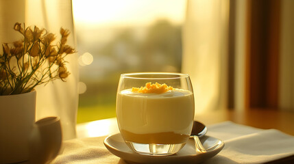 Creamy panna cotta dessert adorned with zesty orange, illuminated by sunlight