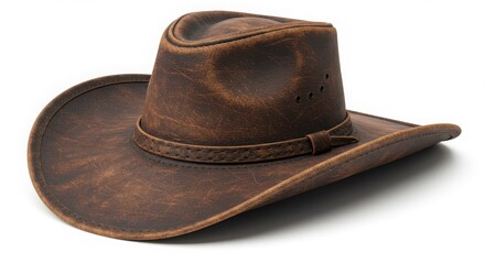 A weathered western cowboy hat with rich brown leather and intricate stitching, showcasing rugged charm and timeless style for classic Americana appeal.