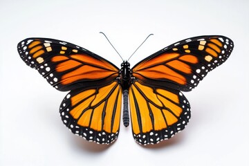 Fototapeta premium Vibrant monarch butterfly with orange and black patterns on white background