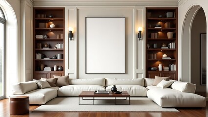 Elegant living room design with sectional sofa built in bookshelves and large artwork warm lighting