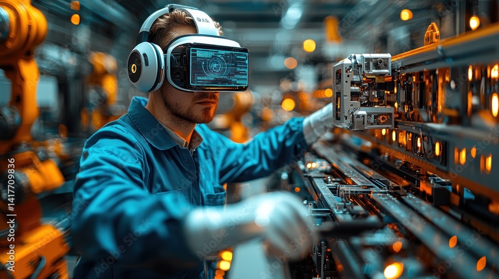 Poster augmented reality technician inspecting automated equipment with digital interface