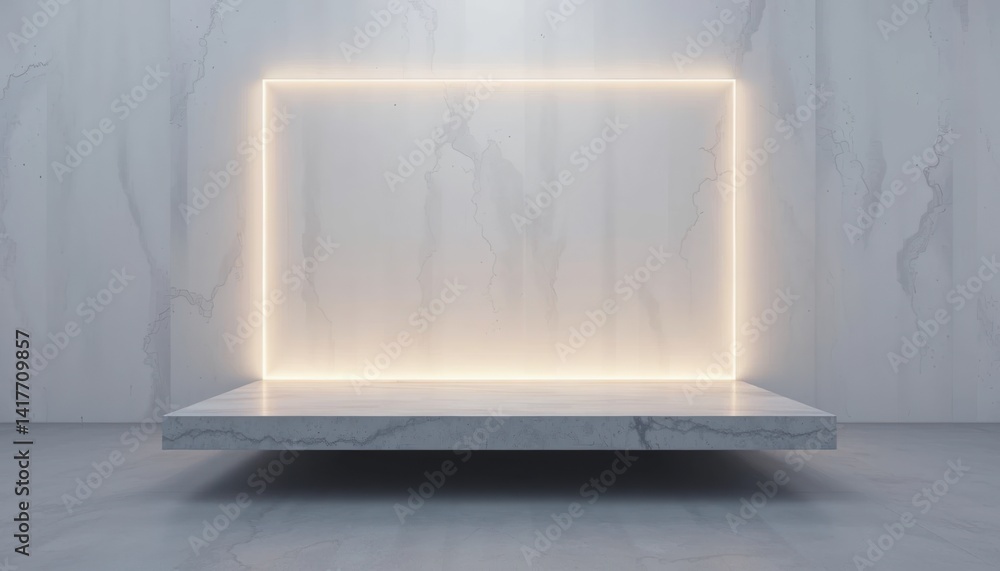 Poster illuminated minimalist display showcase modern gallery 3d render bright ambient light central perspe