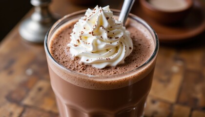 Photo of an indulgent gourmet dessert: a rich chocolate milkshake topped with fluffy whipped cream.