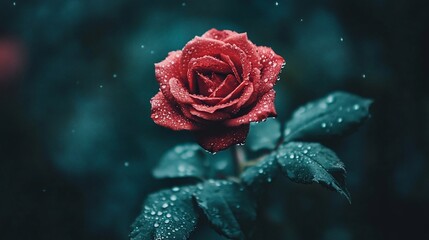Wet Red Rose Bloom Isolated with soft bokeh blue garden background