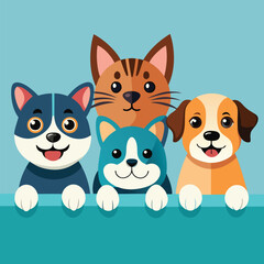 Four adorable pets, two cats and two dogs, peek over a white ledge with curious expressions.