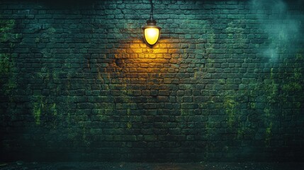 A vintage lamp casts a warm glow on an eerie brick wall in a dark urban alley