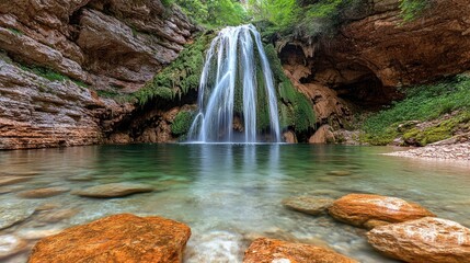 Naklejka premium Water cascades from a cliff into a beautiful natural pool amid rocky formations