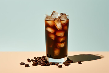 A photograph of a cold coffee in a tall glass with ice cubes