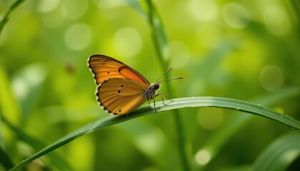 A photograph of a butterfly gracefully perched on a blade of grass, generated by AI.