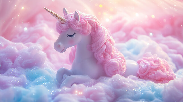 Magical unicorn resting on pastel clouds with a dreamy background of soft colors and sparkles , unicorn, figurine, fantasy, pastel, colors, clouds, magical, dreamy, atmosphere