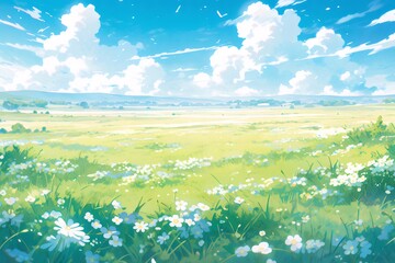 水彩画の緑豊かな草原と青い空に浮かぶ白い雲 夏の自然風景 明るい光と開放的な雰囲気