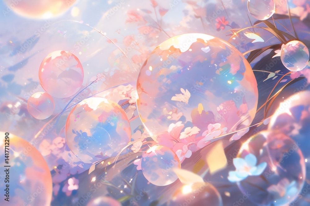 Poster 柔らかい光の中で咲く桜と水彩画風の泡が幻想的な背景を作り出す