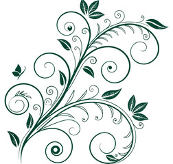 Abstract floral art features a black vector design with ornate swirls and leaf elements, a decorative silhouette of nature's spring