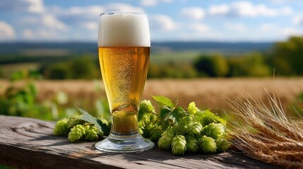 Chilled beer in glass with hops and wheat on wooden table in farmland