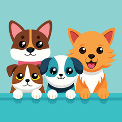 Four adorable pets, two cats and two dogs, peek over a white ledge with curious expressions.