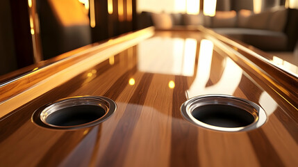 Elegant wooden shuffleboard table surface with integrated drink holders detail shot