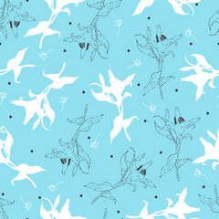 Elegant Botanical Line Art Pattern of Lilies. Perfect for fabric prints, wallpaper, stationery, packaging, and digital backgrounds. Ideal for nature-inspired and botanical-themed projects.