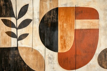 Modern abstract art piece with earthy tones and geometric shapes in a cozy indoor setting