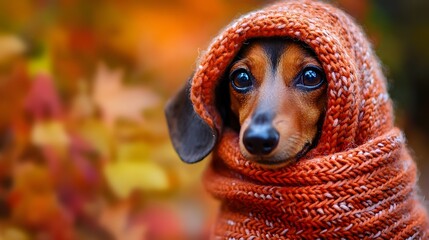 Cozy Canine Autumn Portrait: A charming dachshund, swathed in a knitted scarf, embodies autumnal warmth against a backdrop of falling leaves, evoking feelings of comfort and the crisp season.