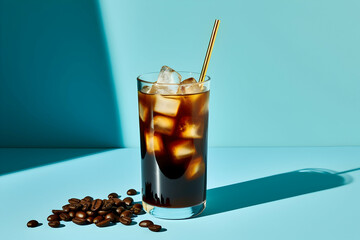 A tall glass of cold-brewed coffee with ice cubes