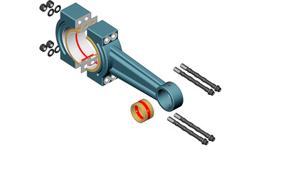 API-618 reciprocating compressor turbomachinery illustration drawing showing a connecting rod with a crank pin bearing, crosshead pin bushing, and lubricating oil passages highlighted in red