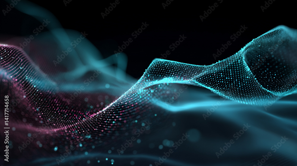 Poster abstract background of particles and lines of technology, a blue wave with many small dots in it